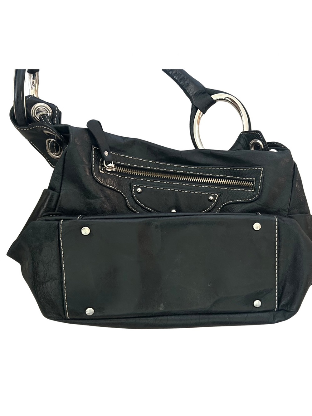 Helen Welsh Black Leather Moto Hobo Bag Y2K Ring Handle Slouchy Silver - Picture 4 of 8